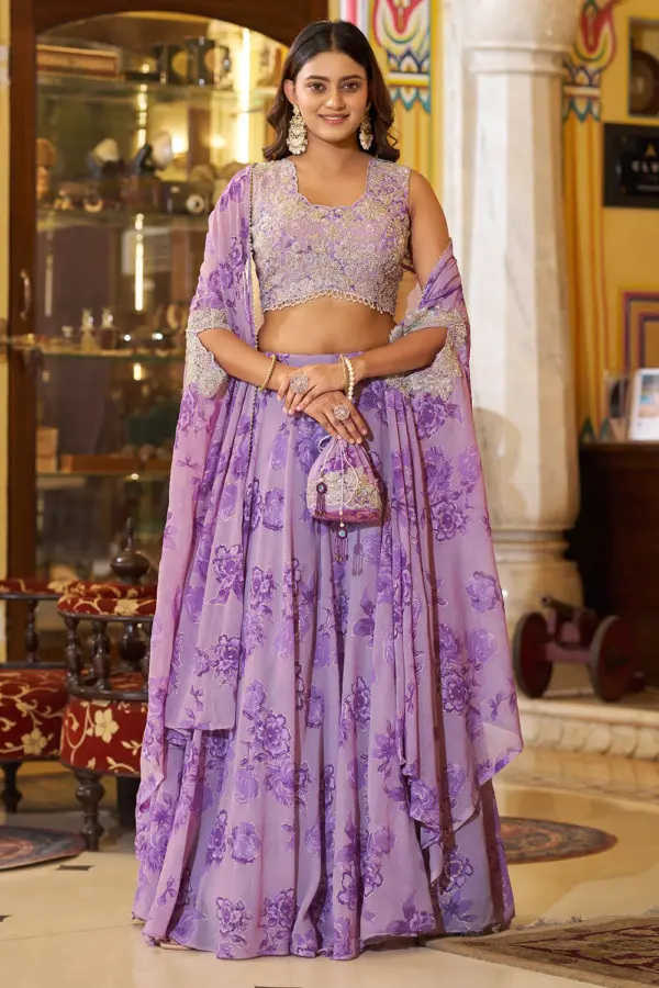 Lavender lehenga with cape in floral georgette with sequins by Khaish