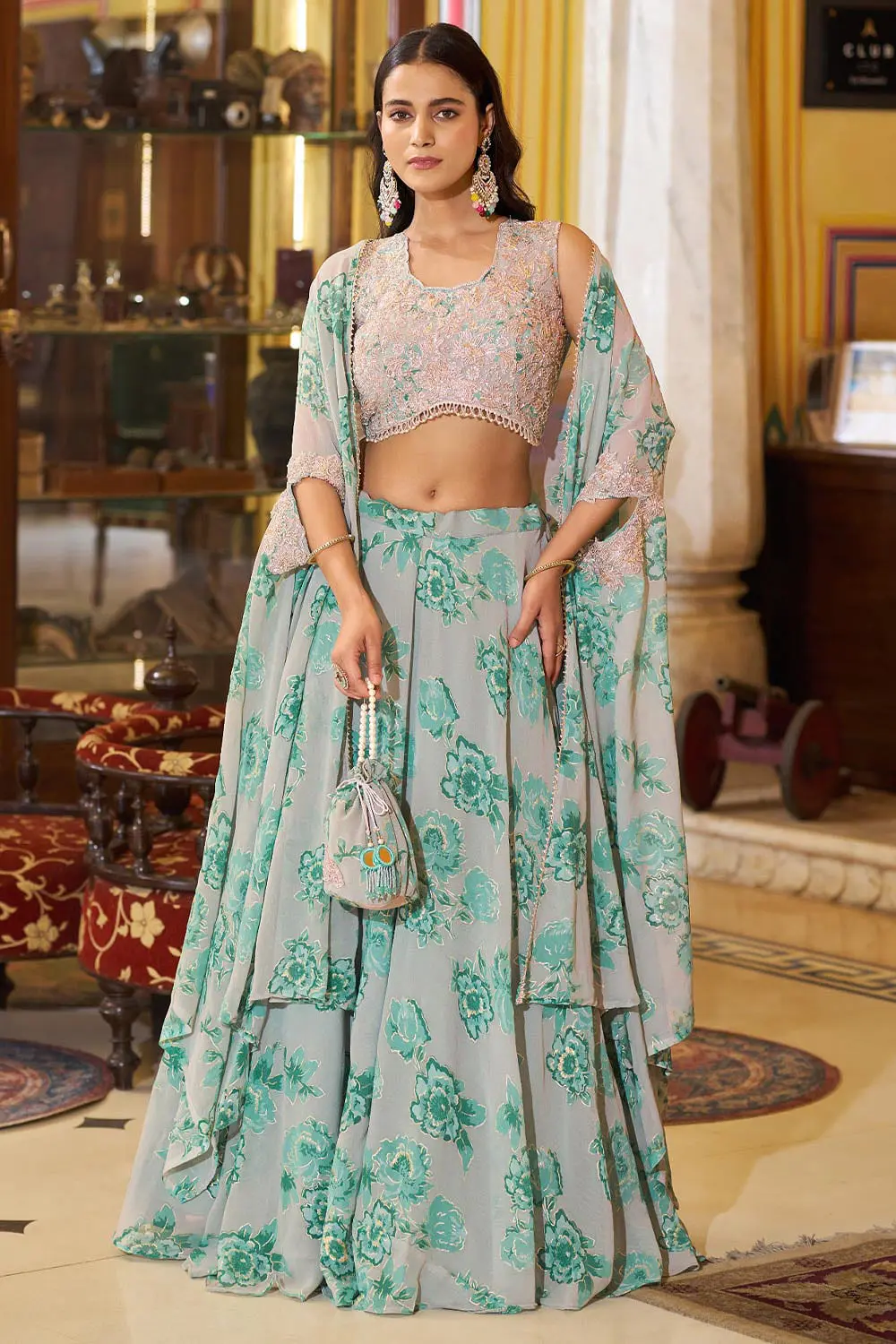 Dusty green floral georgette cape lehenga with coordinated batwa full view