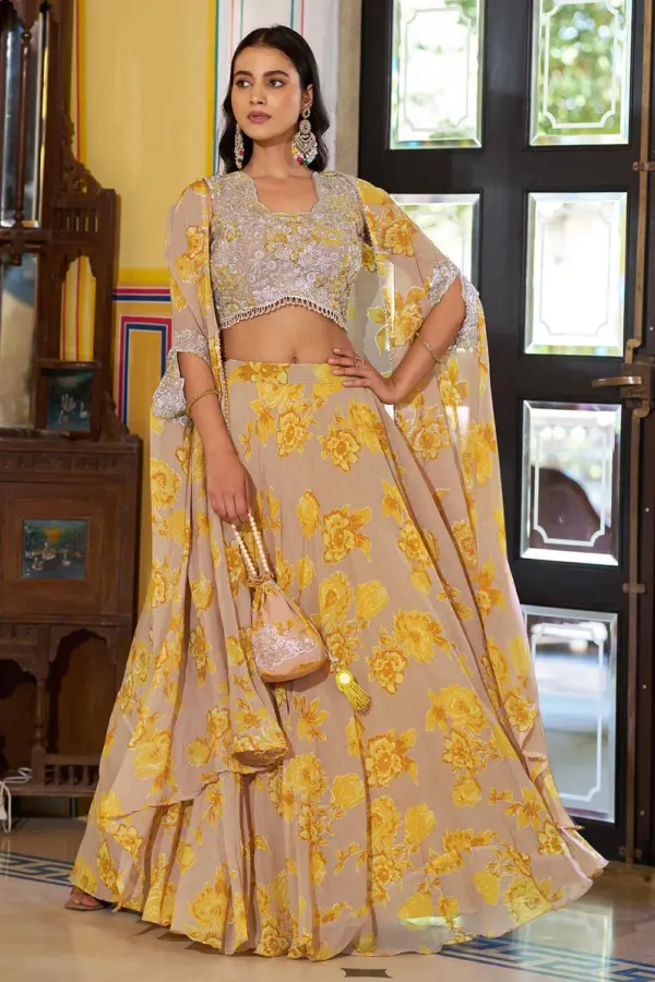 Mustard cape lehenga for haldi in floral georgette with sequins by Khaish