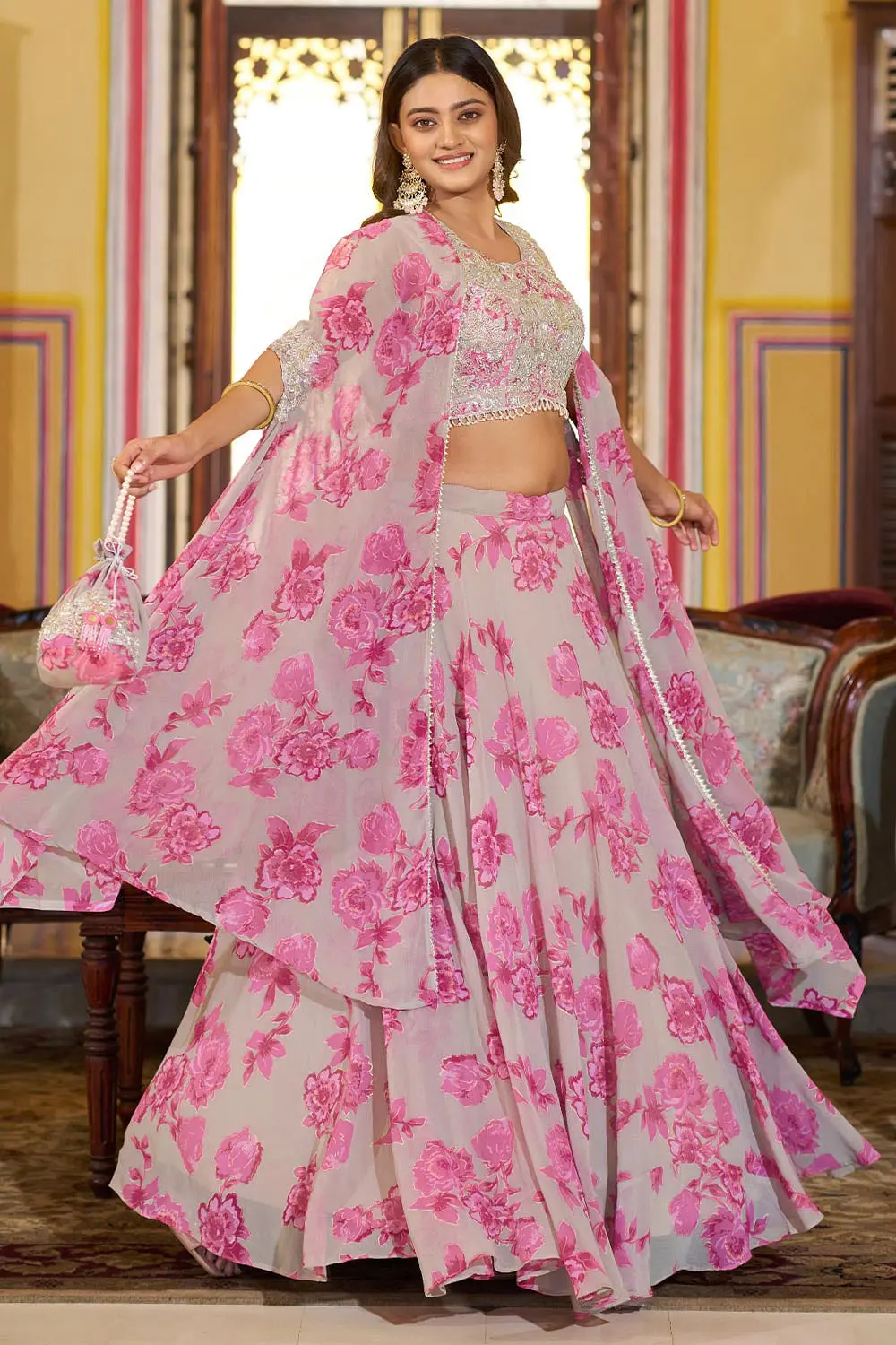 Pink floral georgette cape lehenga with coordinated batwa full view
