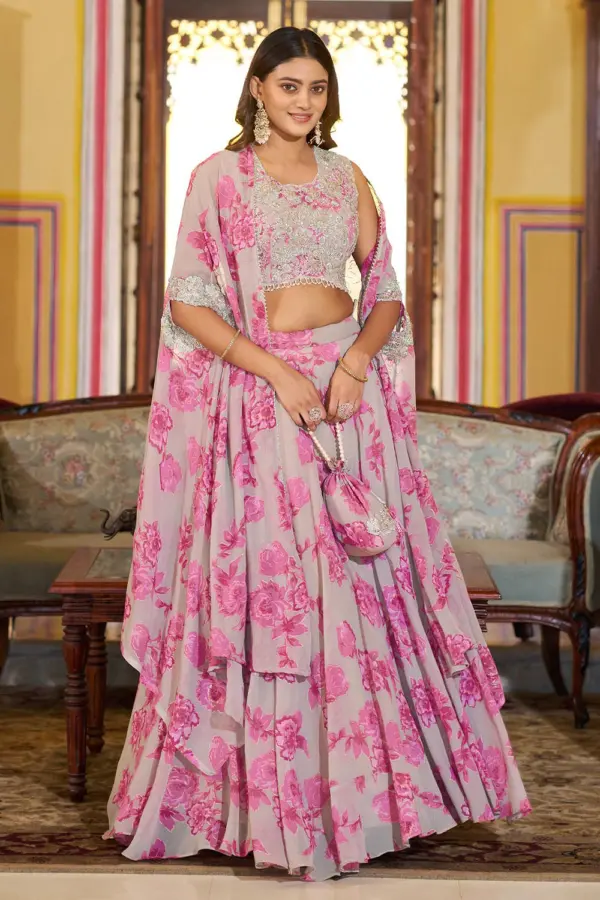 Pink cape lehenga for wedding in floral georgette with sequins by Khaish