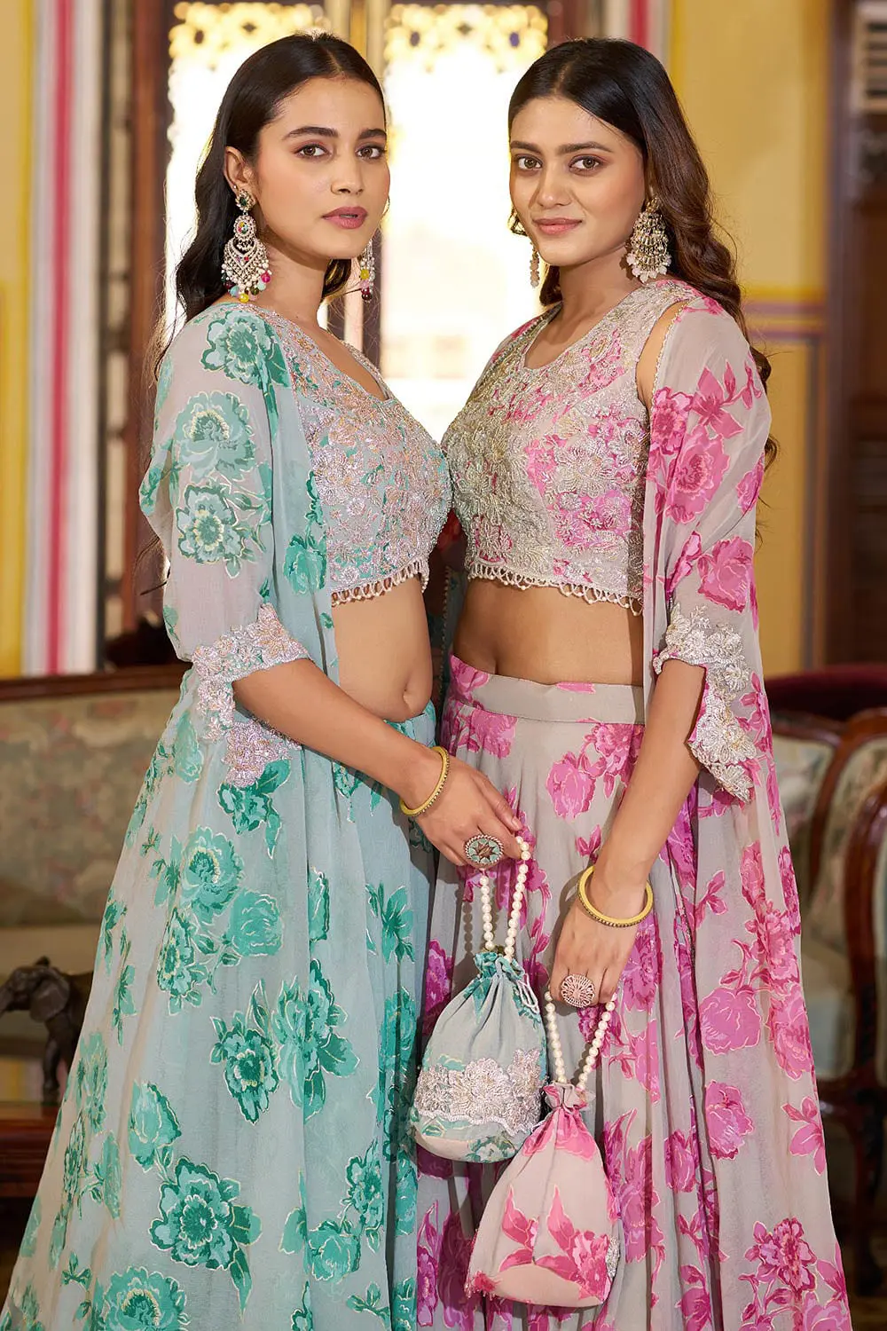 Pink and dusty green floral cape lehenga colour options