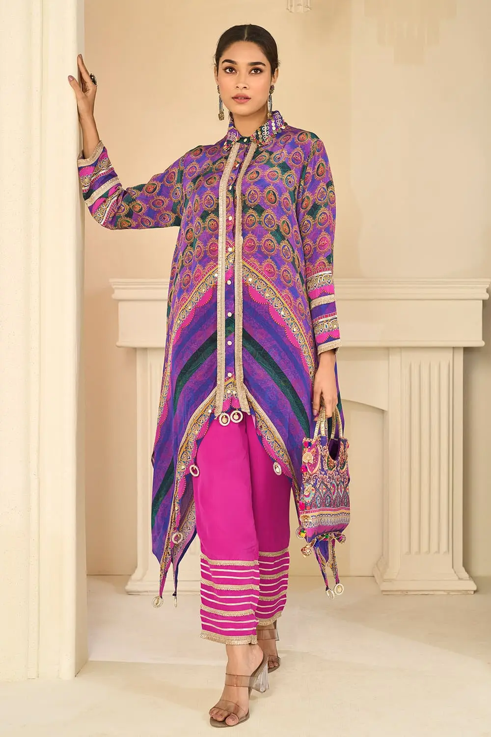 Purple Multicolor Crepe Silk Kaftan Top with Gota Pant and Matching Handbag Purple Multicolor Crepe Silk Kaftan Top with Gota Pant and Matching Handbag