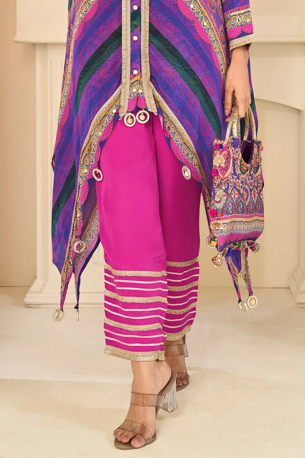 Bottom view of dull satin gota work pant in the purple multicolor set