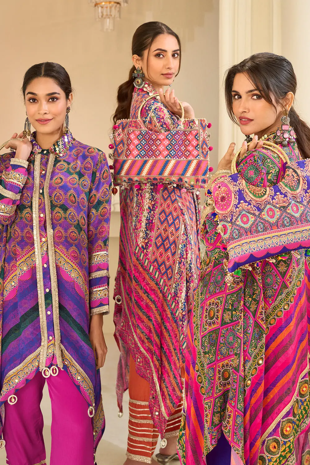 Purple, orange and hot pink multicolor kaftan top pant set colour options