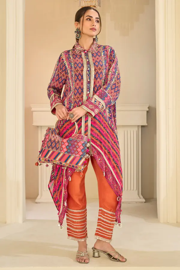Orange multicolor kaftan top and pant set with matching handbag by Khaish