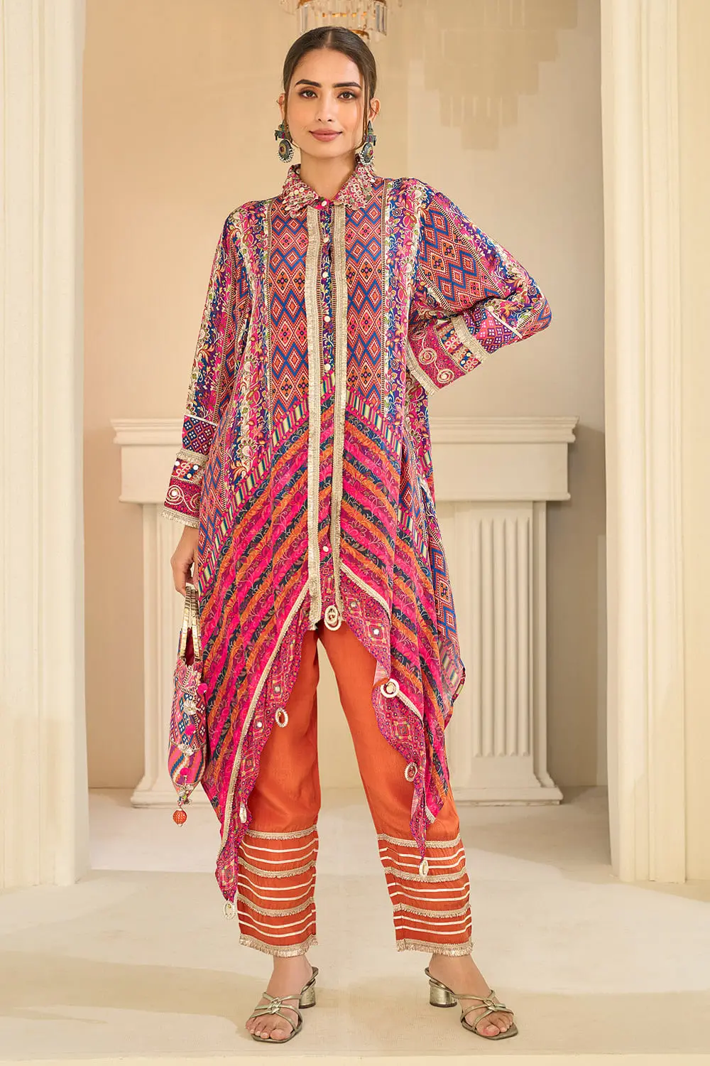Orange multicolor crepe silk kaftan top second front view showing aari work