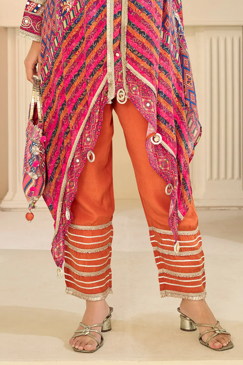 Bottom view of dull satin gota work pant in the orange multicolor co-ord
