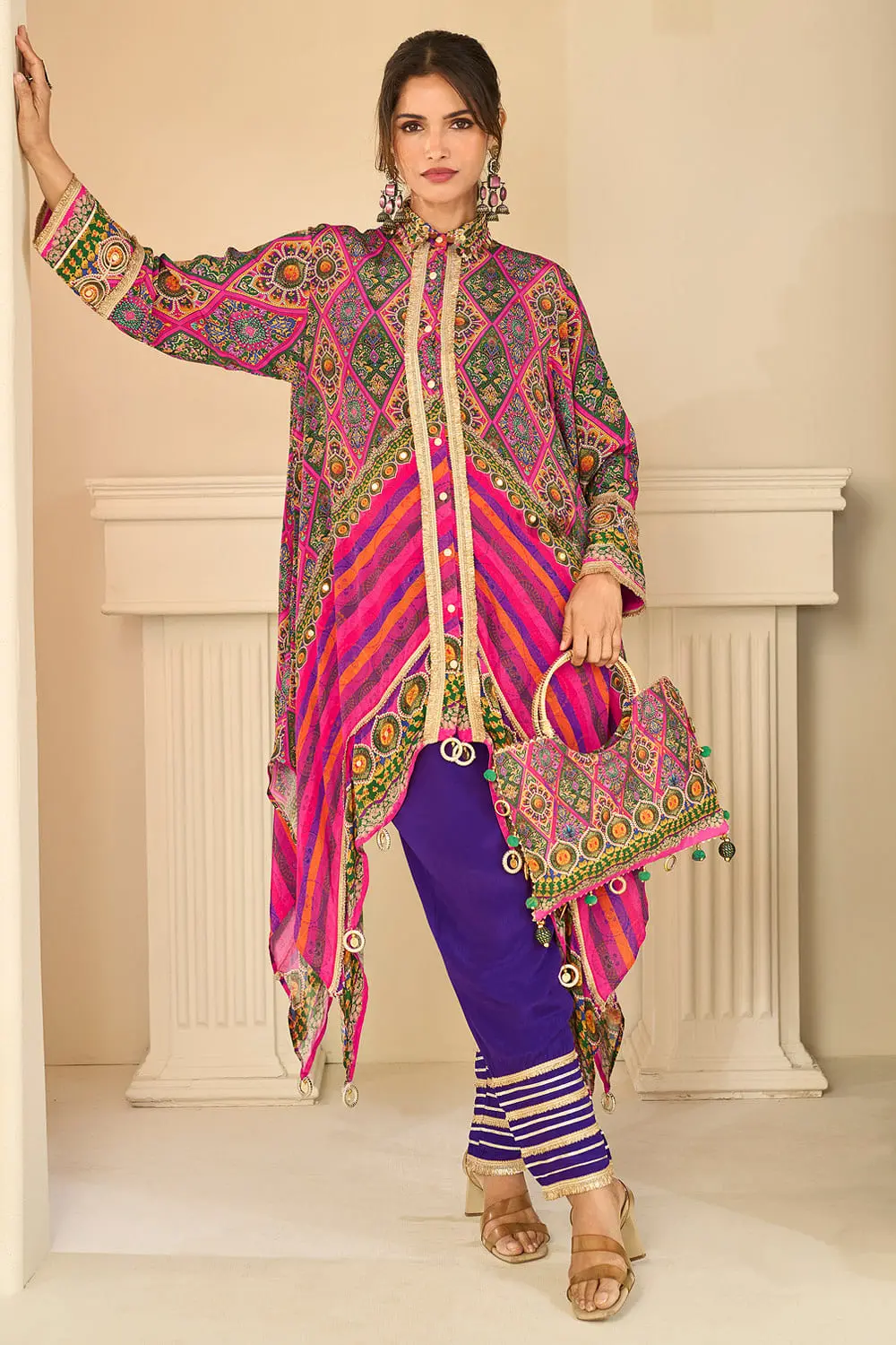 Hot Pink Multicolor Crepe Silk Kaftan Top with Gota Pant and Handbag Hot Pink Multicolor Crepe Silk Kaftan Top with Gota Pant and Handbag