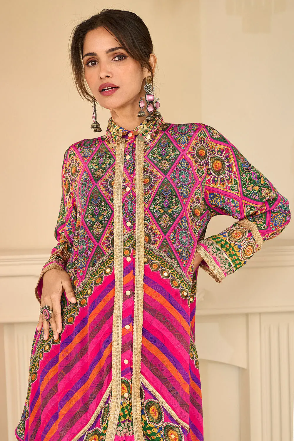 Close up of hand aari work on hot pink multicolor crepe silk kaftan top