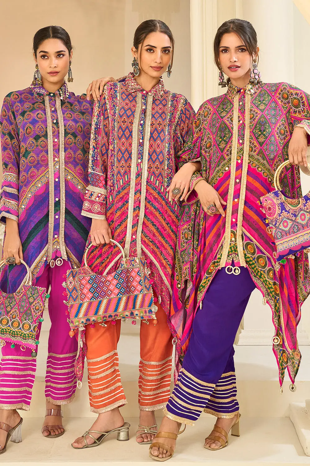 Purple, orange and hot pink multicolor kaftan top pant set colour options