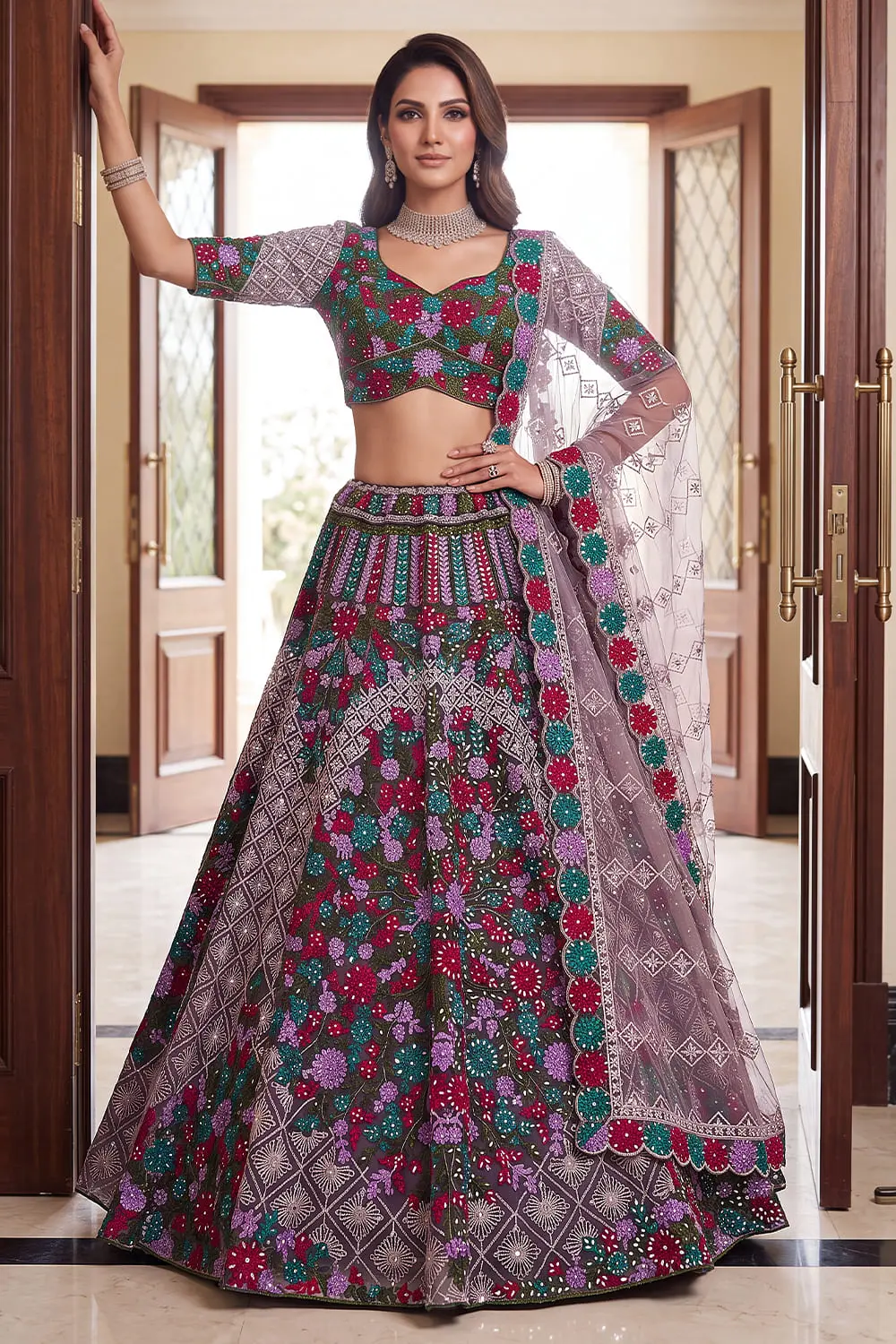Purple A-line lehenga choli second front view showing multicolored resham floral pattern and geometric borders