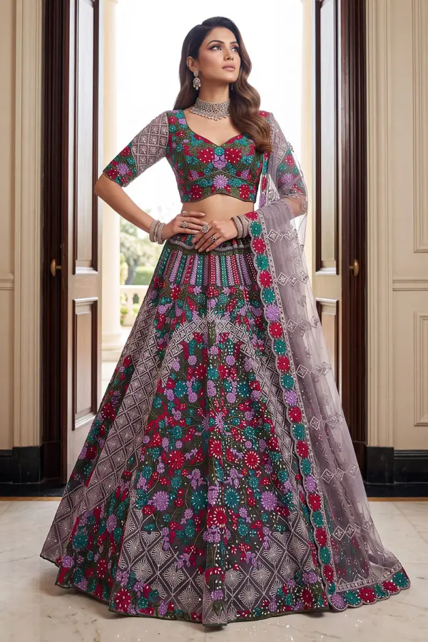 Purple multicolor wedding wear handwork lehenga with hand mirror work and zircon diamond by Khaish