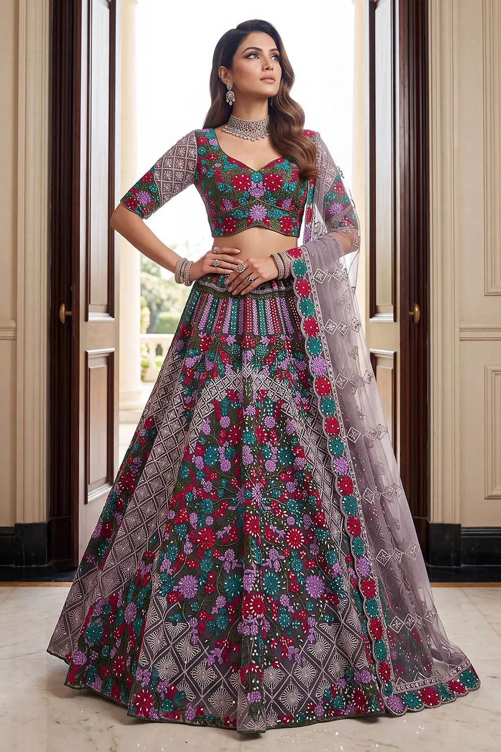Purple multicolor wedding wear handwork lehenga with hand mirror work and zircon diamond by Khaish