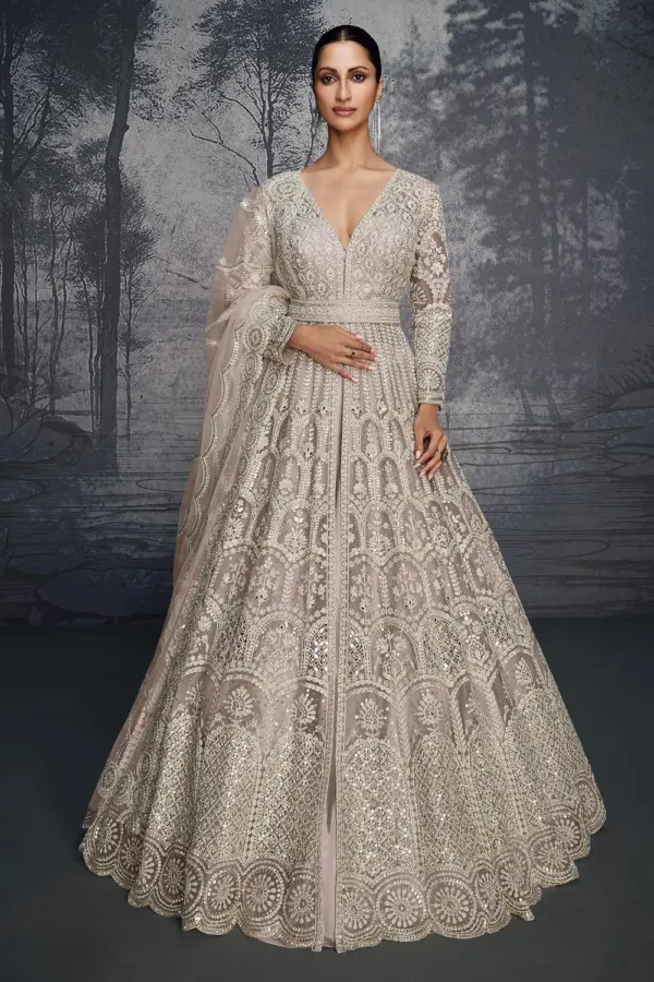 Dusty pink net anarkali dress for wedding with hand moti and diamond work by Khaish