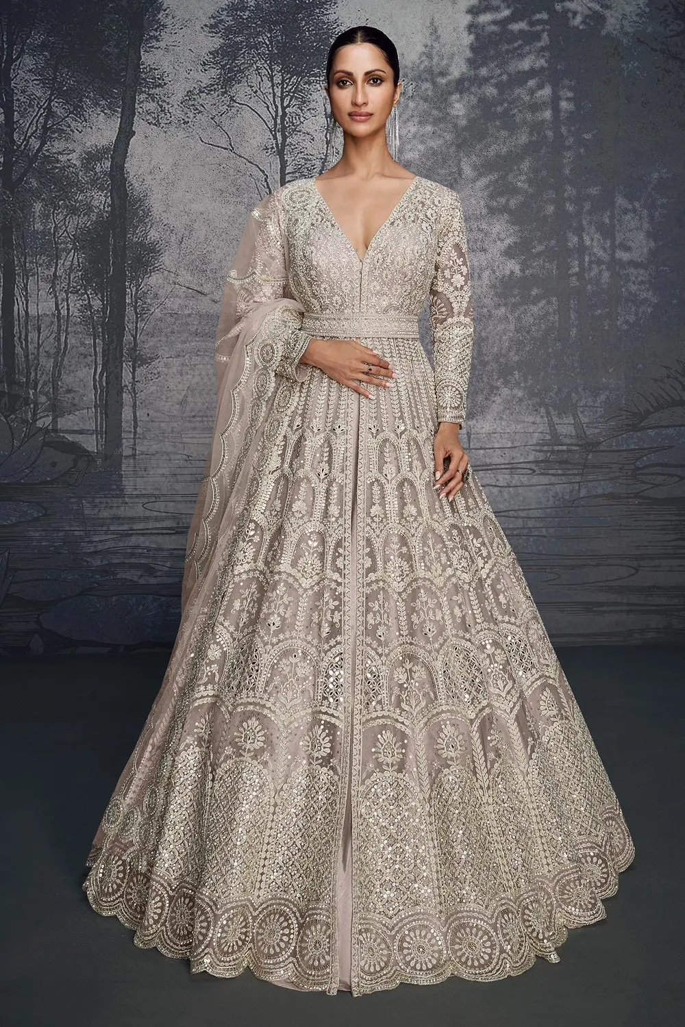 Dusty pink net anarkali dress for wedding with hand moti and diamond work by Khaish