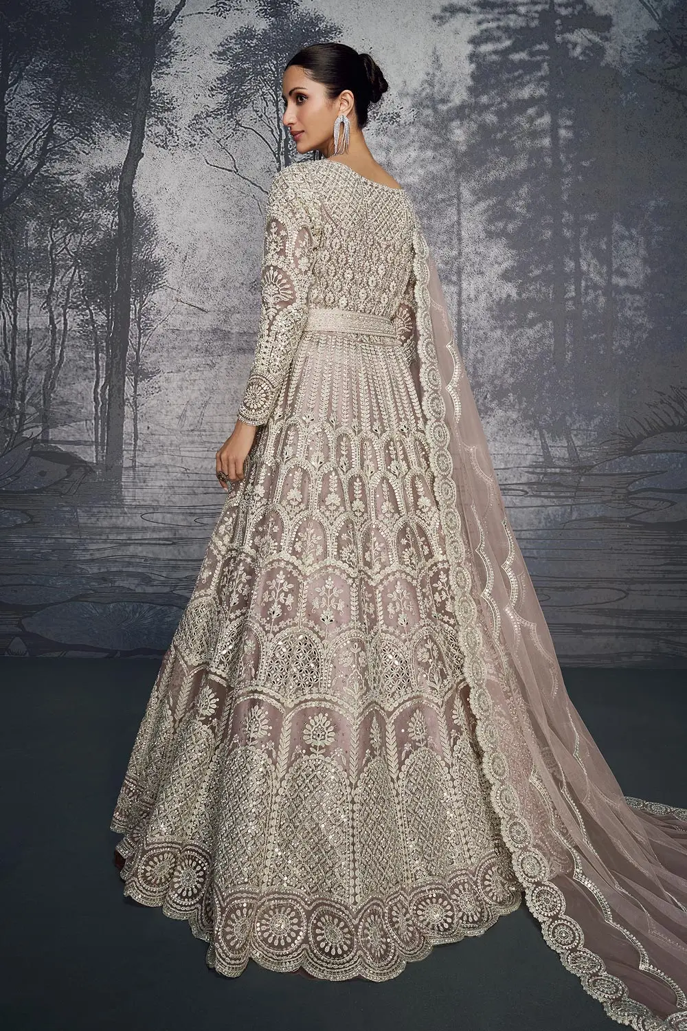 Back view of dusty pink net anarkali showing full back handwork embroidery