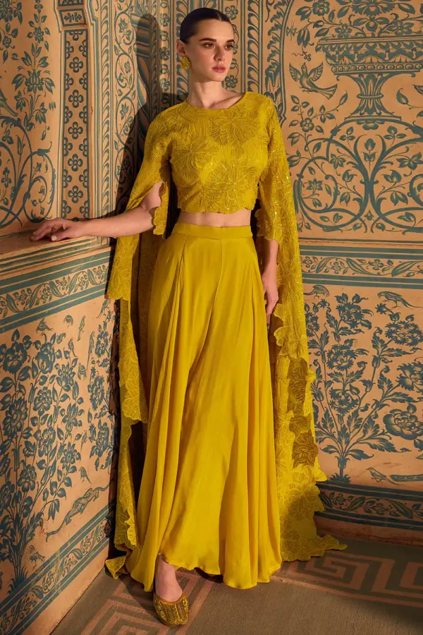 Mustard crop top with palazzo in chinon silk with zari embroidery by Khaish