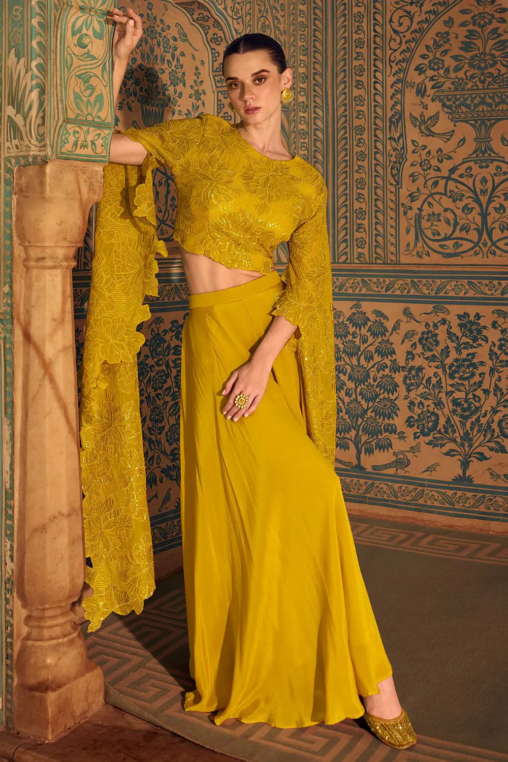 Mustard zari embroidered long sleeve crop top with palazzo full view
