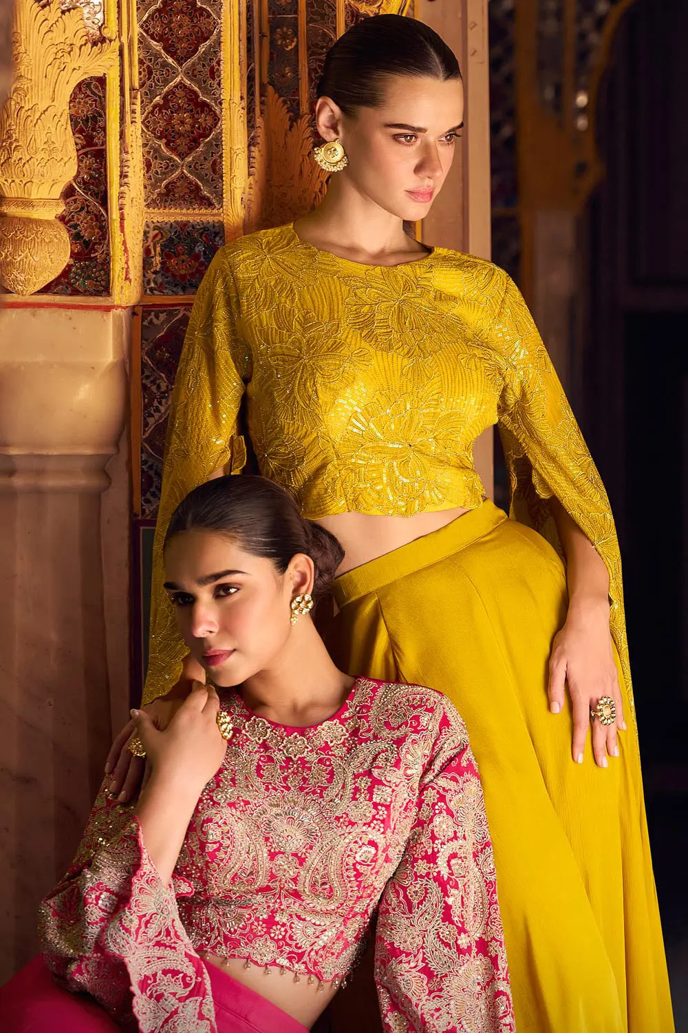Mustard and pink crop top with palazzo co-ord colour options