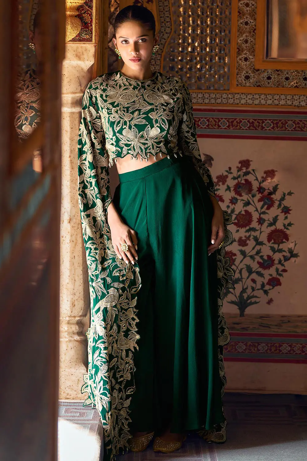 Sensational Green Zari Work Crop Top and Flowing Palazzo Ensemble Sensational Green Zari Work Crop Top and Flowing Palazzo Ensemble
