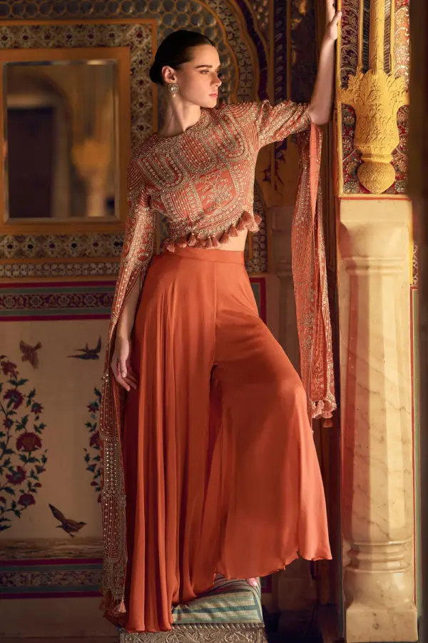 Coral Indo western crop top and palazzo front view with zari work