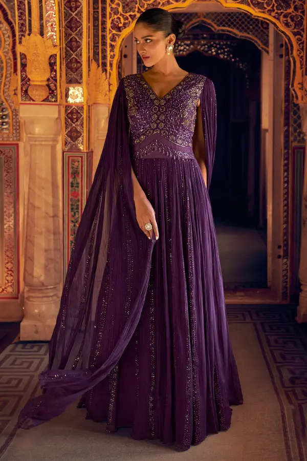 Gorgeous plum georgette indowestern anarkali gown full front view
