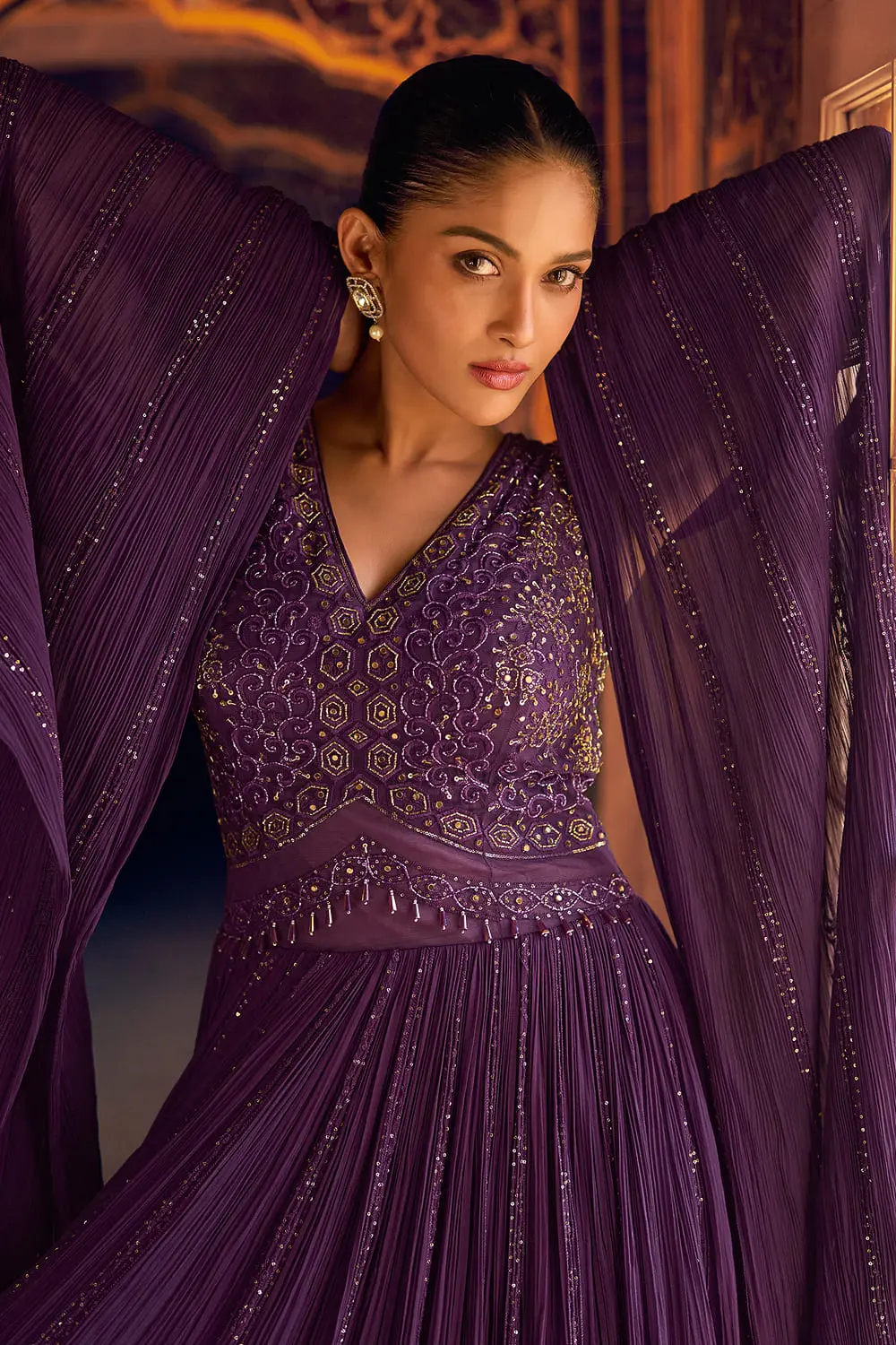 Premium fabric texture of the plum georgette indowestern anarkali gown