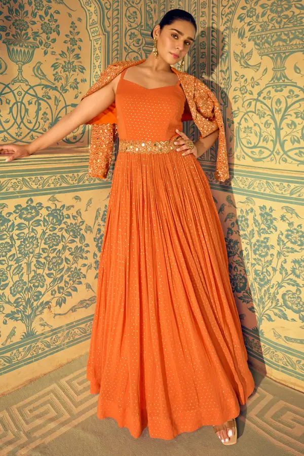 Stunning full front view of the orange indowestern anarkali dress with jacket showcasing its vibrant georgette flare.