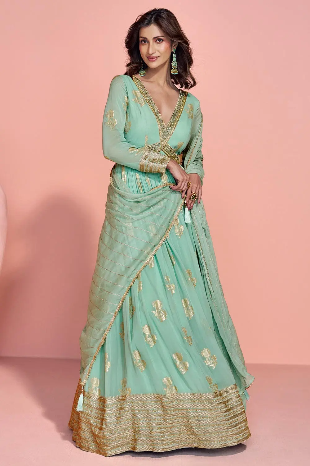 Second front view of mint green viscose jacquard anarkali gown with silk dupatta
