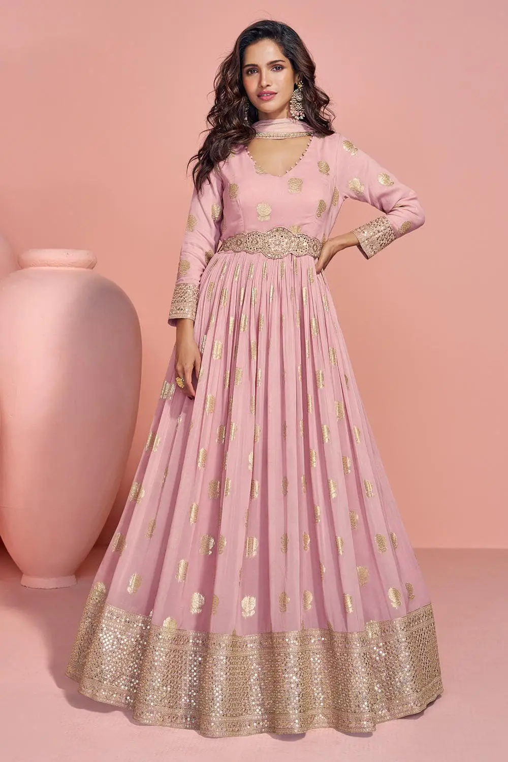 Exclusive Rose Pink Jacquard Silk Anarkali Gown with Embroidered Dupatta Exclusive Rose Pink Jacquard Silk Anarkali Gown with Embroidered Dupatta