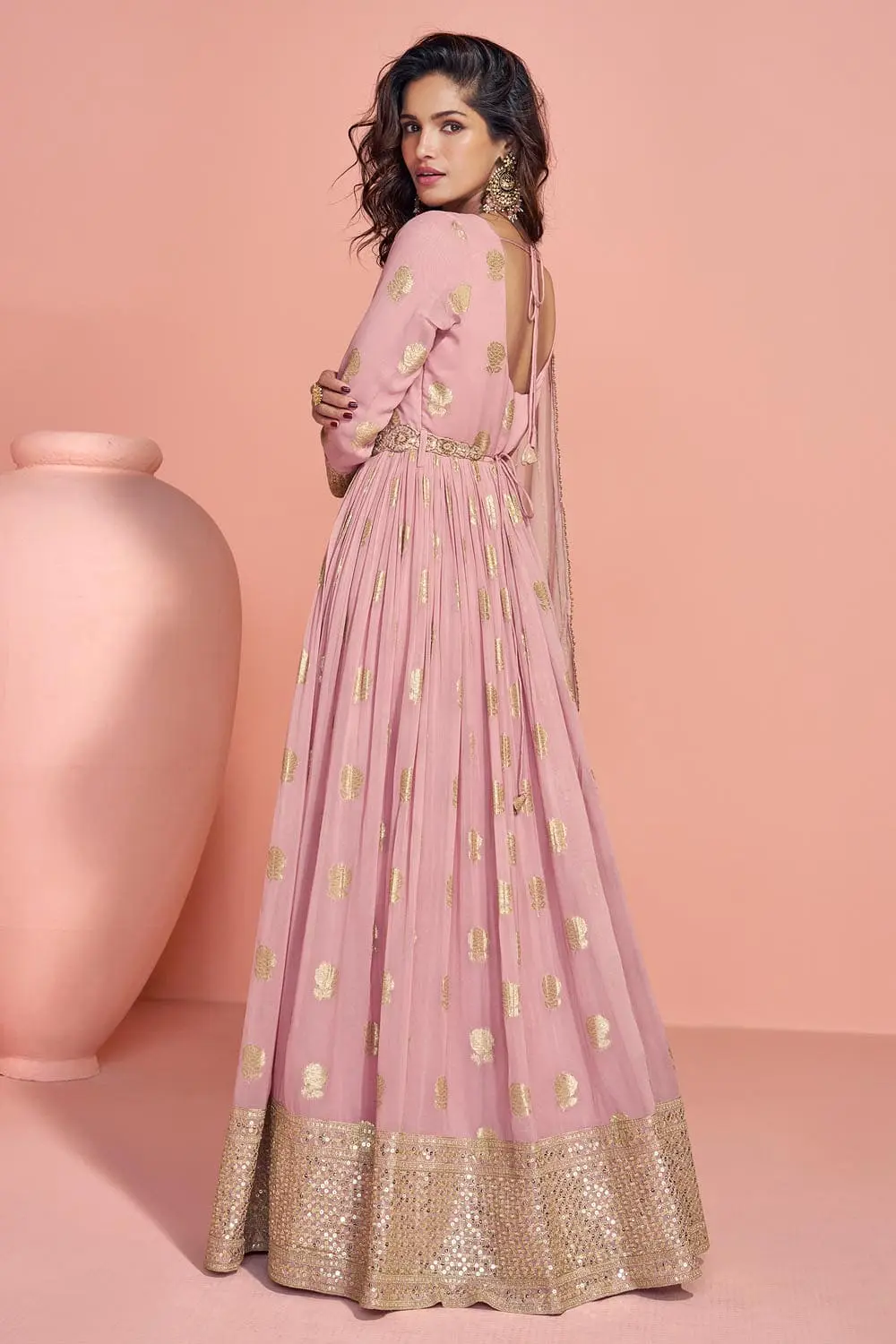 Viscose silk flowing pink frock suit full length