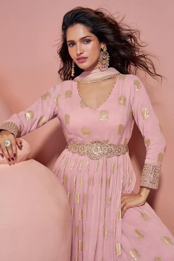 Intricate embroidery work on rose pink jacquard silk bodice