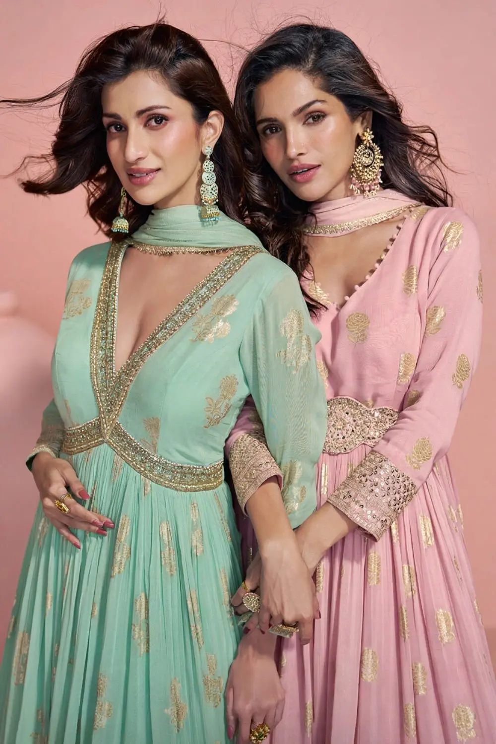 Complete rose pink embroidered anarkali dress for wedding guest