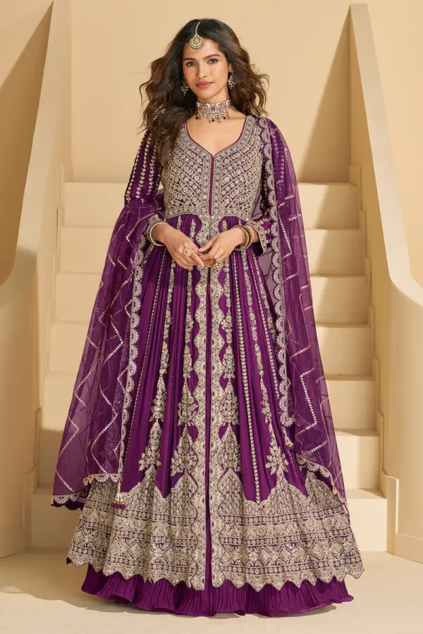 Stunning full front view of the deep purple chinon silk anarkali with skirt showcasing the heavy embroidered top.