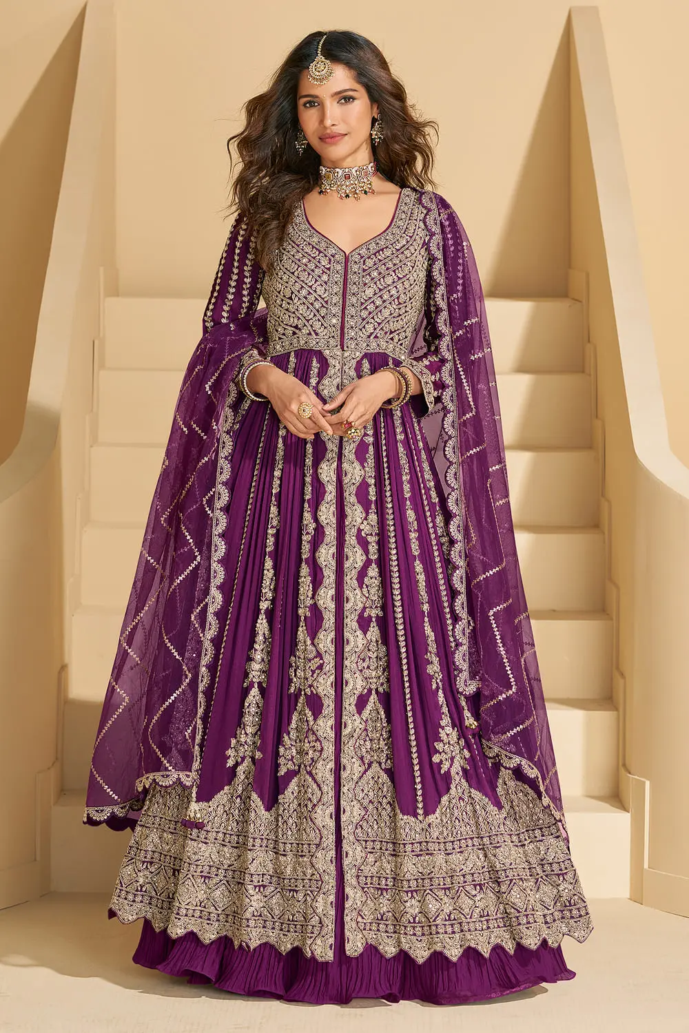 Magnificent Deep Purple Front-Cut Anarkali Suit With Chinon Skirt & Dupatta Magnificent Deep Purple Front-Cut Anarkali Suit With Chinon Skirt & Dupatta