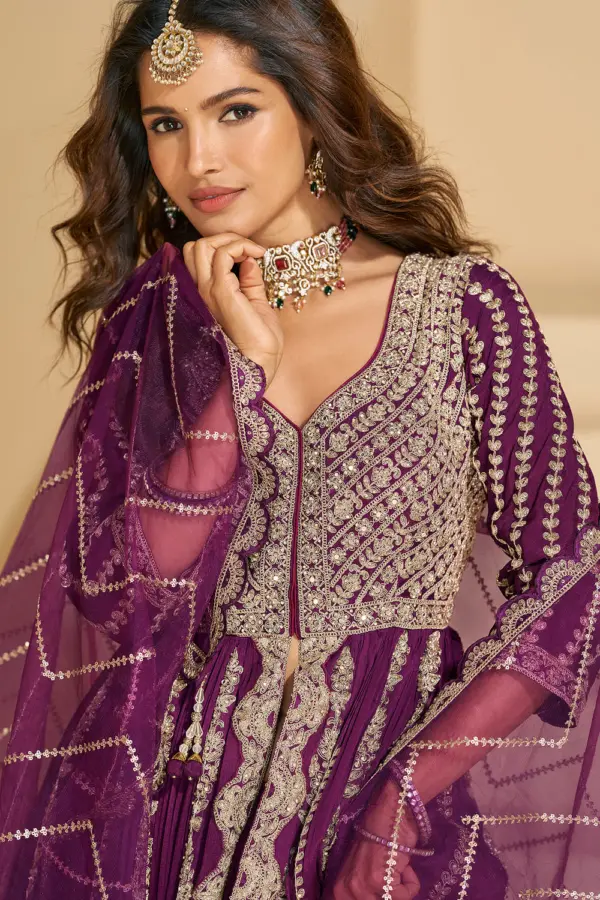 Detailed close-up of the intricate front and back embroidery on the deep purple chinon silk anarkali with skirt.