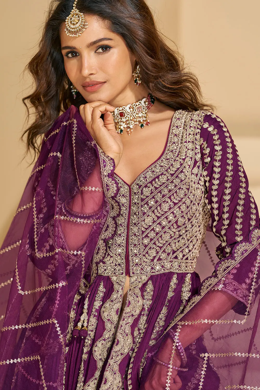 Detailed close-up of the intricate front and back embroidery on the deep purple chinon silk anarkali with skirt.