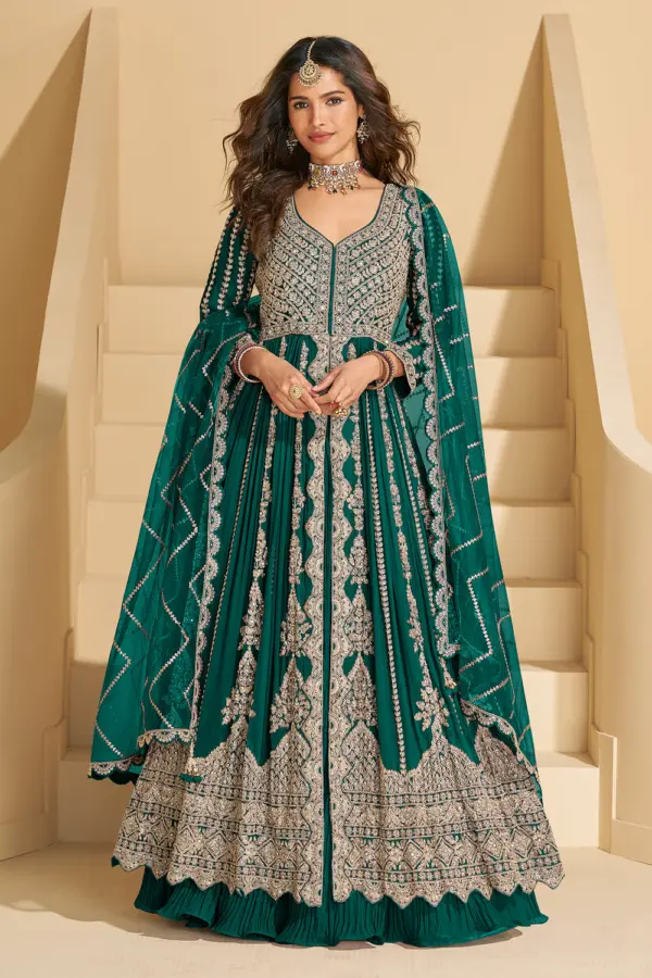 Gorgeous full front view of the purple chinon silk anarkali with skirt showcasing the rich top embroidery.