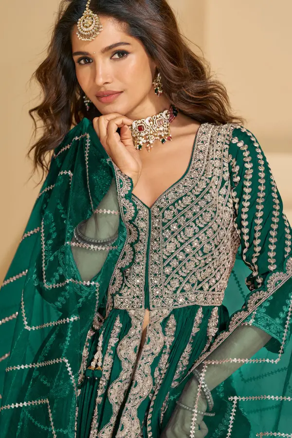 Detailed close-up of the heavy front bodice embroidery on the premium purple chinon ethnic tunic.