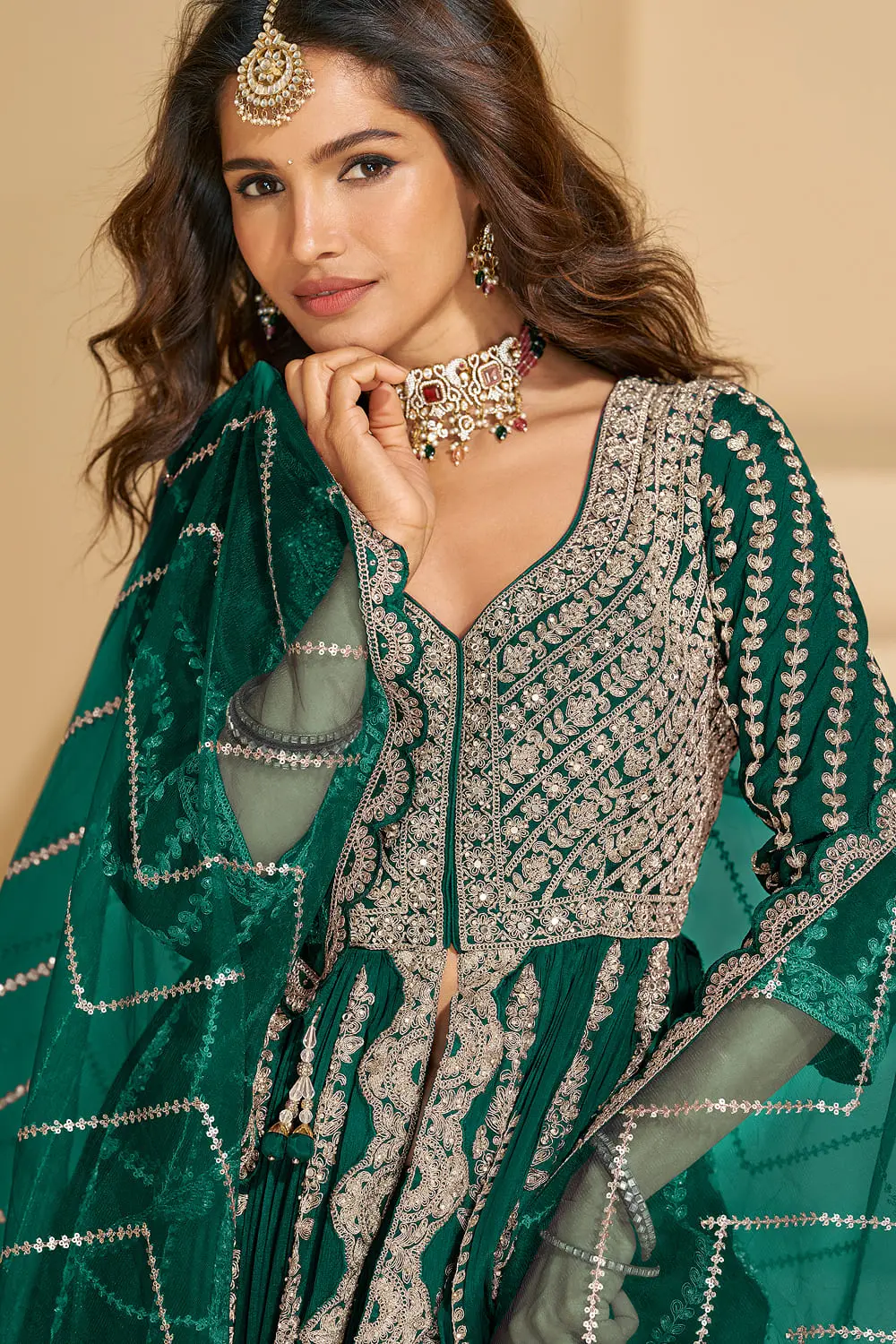 Detailed close-up of the heavy front bodice embroidery on the premium purple chinon ethnic tunic.