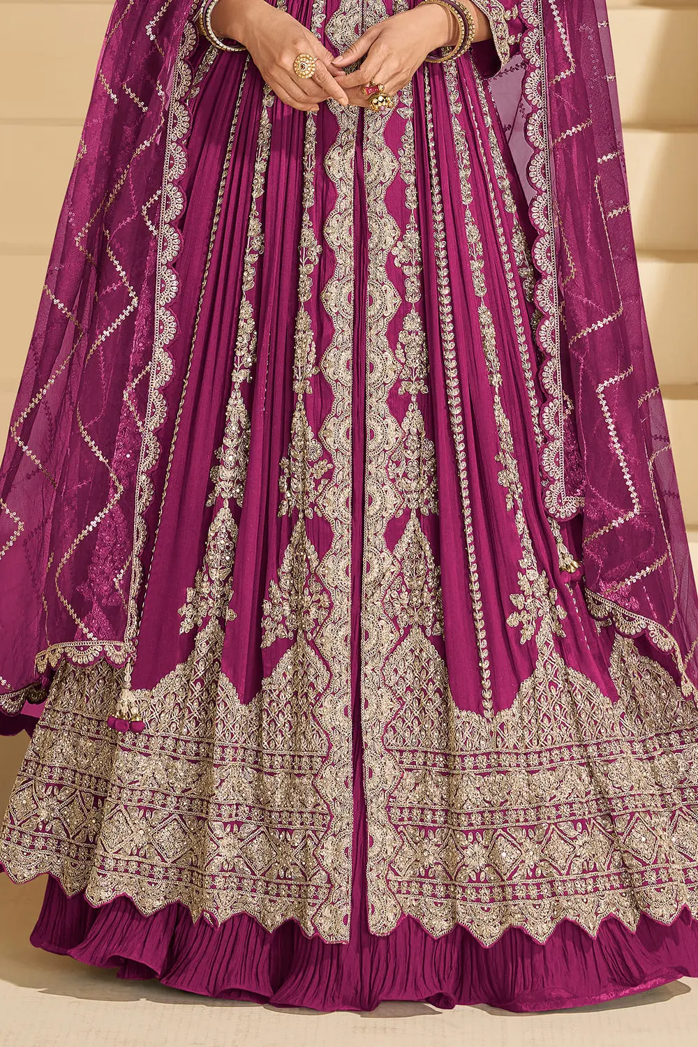 Beautiful bottom view showing the flowing premium skirt and floor-length cut of the hot pink chinon suit.