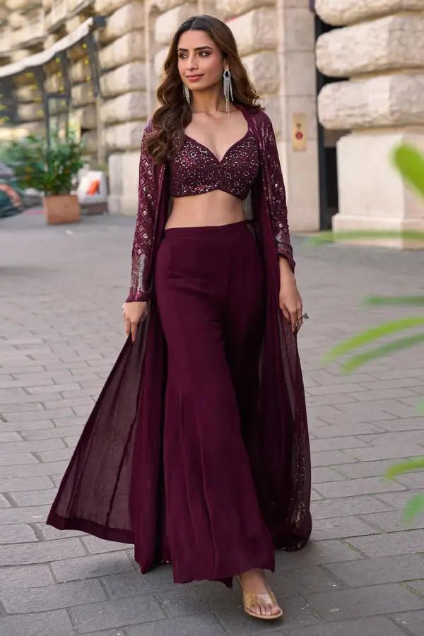 Wine georgette embroidered jacket palazzo set with floor length jacket and embroidered blouse by Khaish