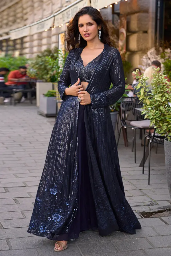 Navy blue indo western jacket palazzo set with front and back embroidery by Khaish
