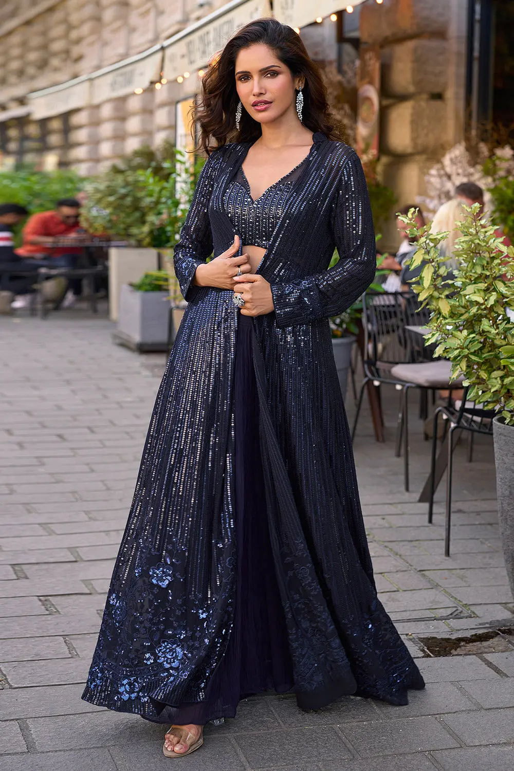 Navy Blue Premium Georgette Indo Western Floor Length Jacket Set — Embroidered Front Back Blouse and Palazzo Navy Blue Premium Georgette Indo Western Floor Length Jacket Set — Embroidered Front Back Blouse and Palazzo