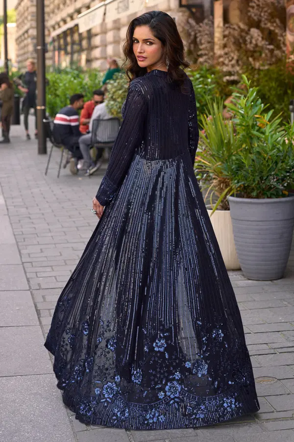 Full back view of navy blue premium georgette floor length jacket showing back embroidery coverage
