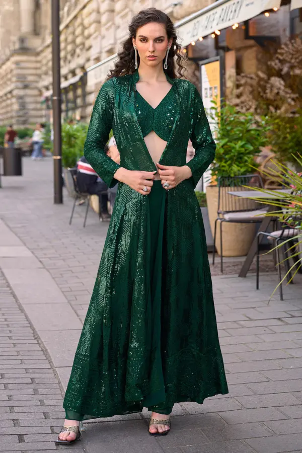 Bottle green georgette jacket palazzo set with floor length embroidered jacket and palazzo by Khaish