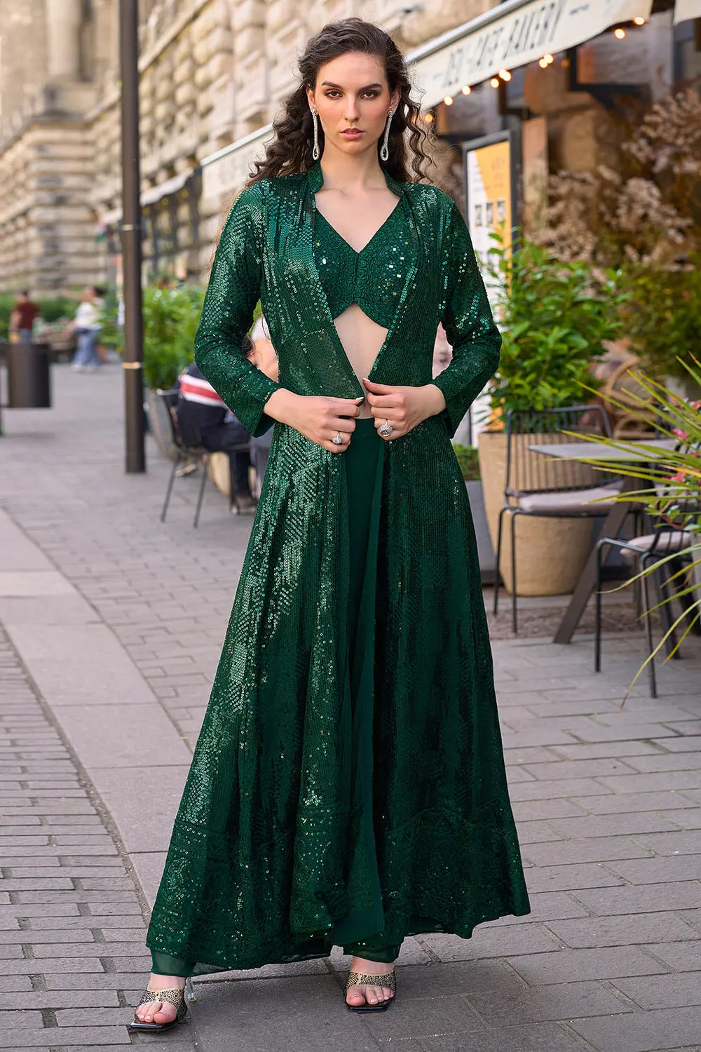 Floor Length Embroidered Bottle Green Georgette Jacket Palazzo Indo Western Set with Worked Blouse Floor Length Embroidered Bottle Green Georgette Jacket Palazzo Indo Western Set with Worked Blouse