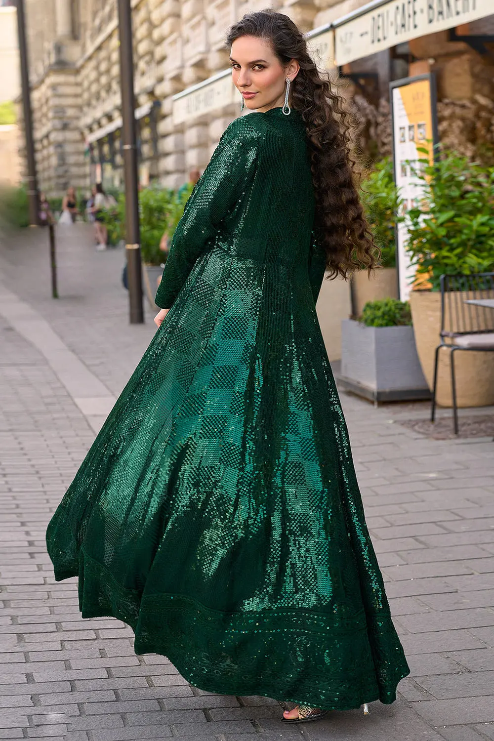 Full back view of bottle green georgette floor length jacket showing back embroidery panel