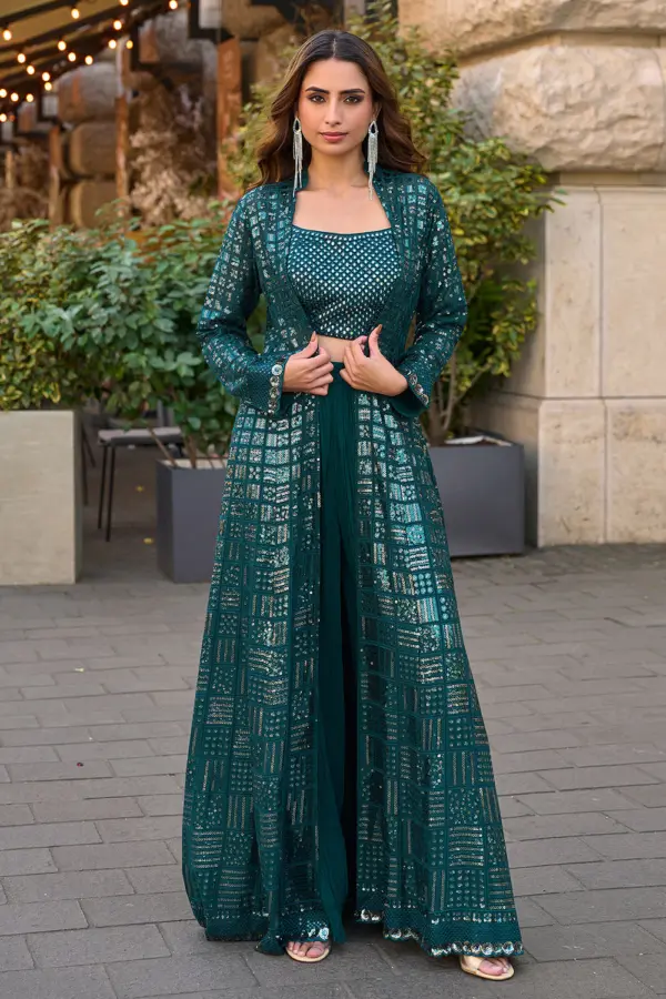 Teal blue embroidered indo western palazzo set with floor length georgette jacket by Khaish